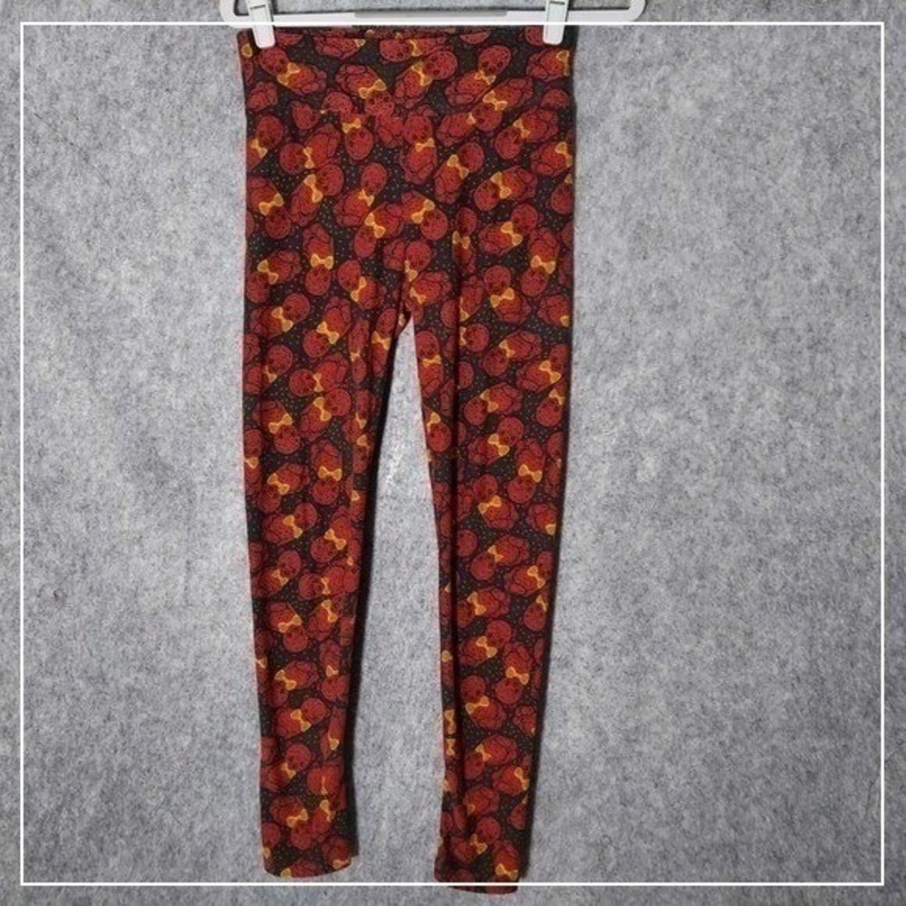 Lularoe Leggings Women OS Orange Teddy Bear Polka Dot Bow Stretch Whimsical